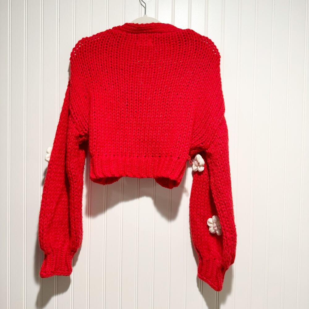 Luna Ivy Red Floral Cardigan Sweater Chunky Knit Size XS - Picture 7 of 7